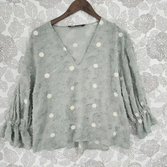 Zara Polka Dot Textured V neck Elastic Cuffs Chiffon Blouse S - Picture 1 of 8